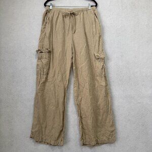 Caslon Pants Womens Medium Beige Linen Cargo Drawstring Wide Leg Pockets Relaxed